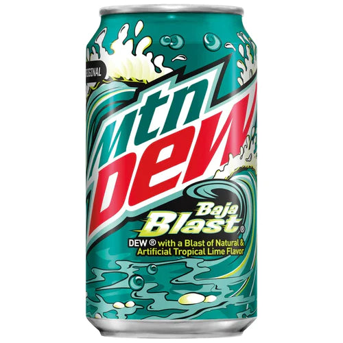 Front of Mountain Dew Baja Blast can displaying bold logo, tropical lime flavour label, and vibrant can design (355ml)
