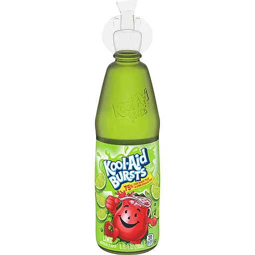 Front of Kool Aid Bursts Lime bottle featuring bright green colour, playful logo, and lime imagery (200ml pack)