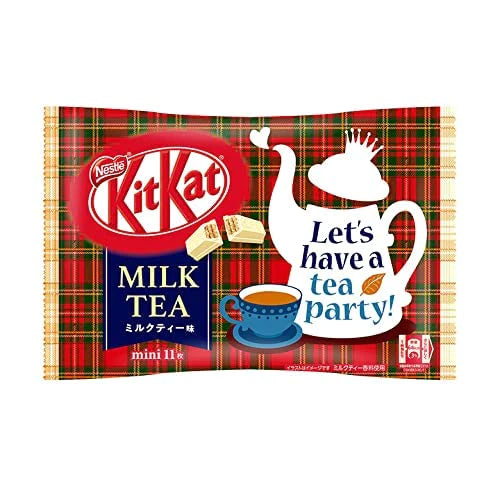 Front of a bag of Kit Kat Mini Milk Tea (Japan) showing the logo, milk tea flavour, and tartan design (116g pack)