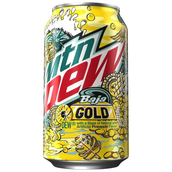 Front of Mountain Dew Limited Edition Baja Gold can featuring bold logo, pineapple illustrations, and bright yellow design (355ml can)