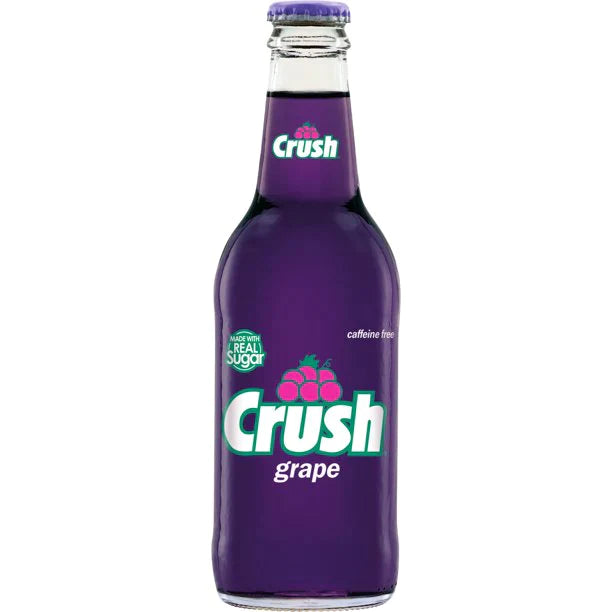Front of Crush Grape Cane Sugar bottle showing vibrant grape colour, Crush logo, and 355ml size