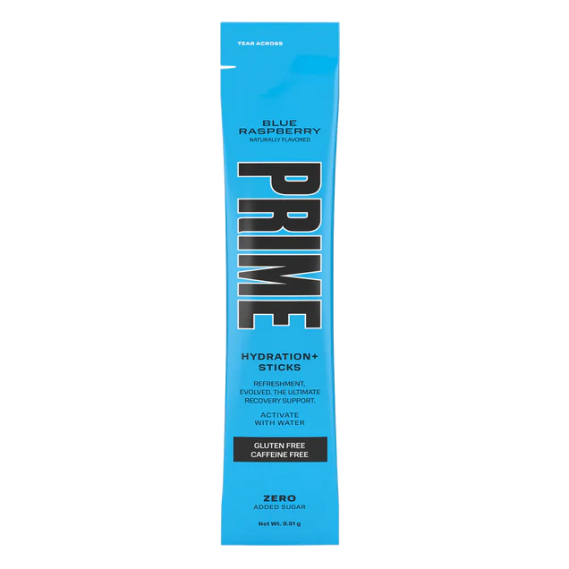Front of Prime Hydration Stick Blue Raspberry package showing blue design, hydration stick label, and natural flavour indication (9.51g pack)