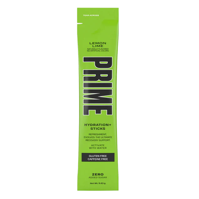 Front of Prime Hydration Stick Lemon Lime showing bold logo, flavour label, and hydration stick details (9.63g)