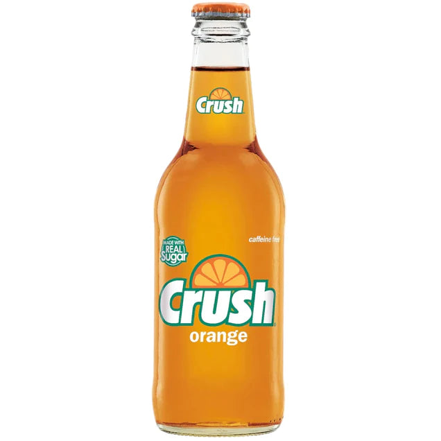 Front of Crush Orange Cane Sugar bottle showcasing the orange label, logo, and caffeine-free text (355ml)
