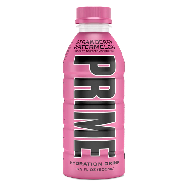Front of Prime Hydration Strawberry Watermelon bottle showcasing bold logo, flavour label, and 500ml volume