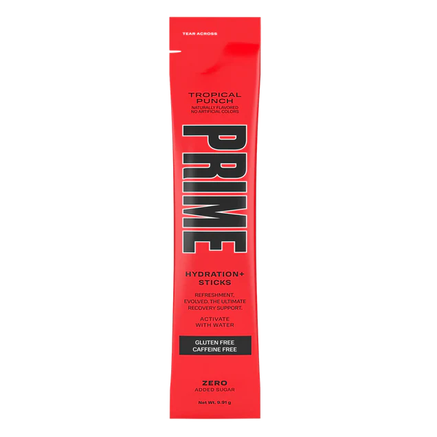 Front of Prime Hydration Stick Tropical Punch showing logo, tropical punch flavour, hydration sticks label, and pack size (9.51g)