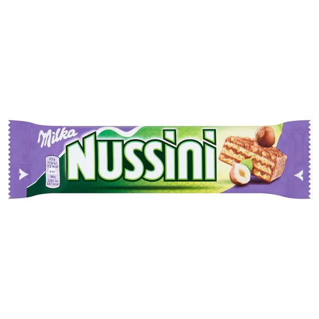 Front of Milka Nussini wrapper showing the logo, crunchy wafer design, hazelnut images, and 31g pack size