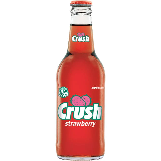Front of Crush Strawberry Cane Sugar bottle featuring the Crush logo, vibrant strawberry label, and 355ml size indication.