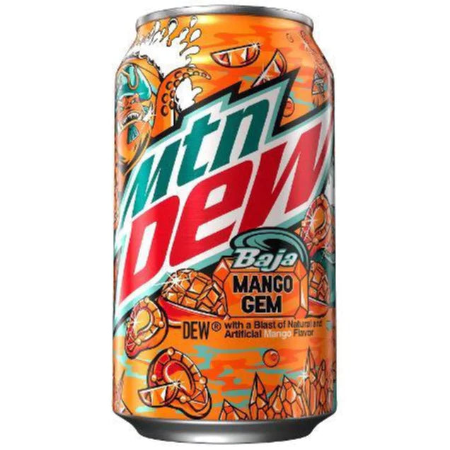Front of a Mountain Dew Limited Edition Baja Mango Gem can featuring bold artwork, vibrant orange colour, and mango flavour label (355ml)