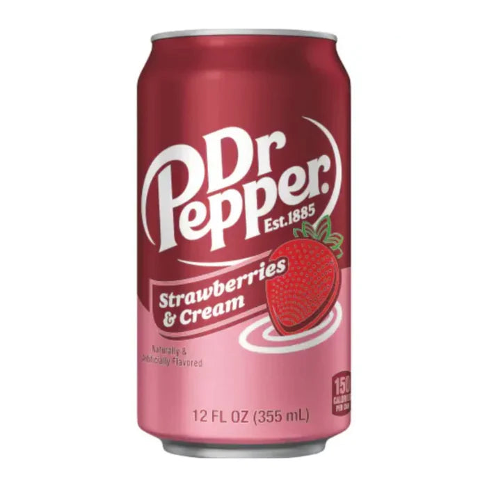 Front of Dr Pepper Strawberries & Cream can showing logo, strawberry and cream flavour label, and pack size (355ml)