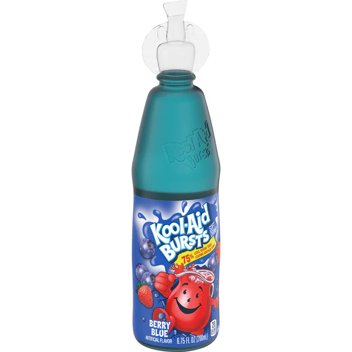 Front of Kool Aid Bursts Berry Blue bottle showing the logo, vibrant berry blue colour, and playful packaging (200ml)