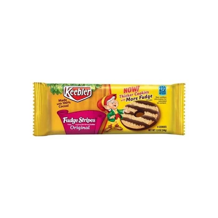 Front of Keebler Fudge Stripes packaging showing the logo and delicious cookie design with fudge stripes, 53g pack