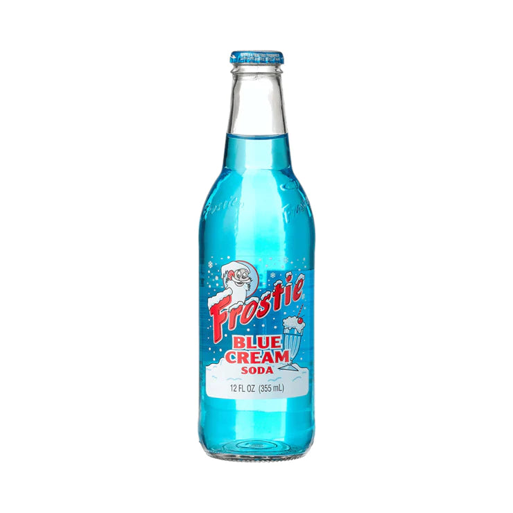 Front of Frostie Blue Cream Soda bottle showing bright blue label with logo and cream soda details (355ml)