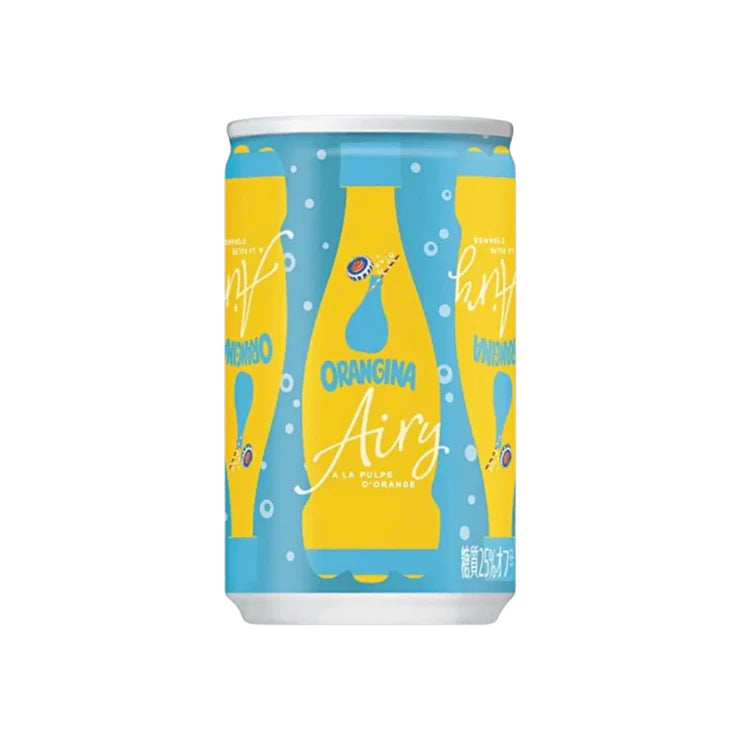 Front of Orangina Airy (Japan) (160ml) can featuring a bright yellow label with bubbles and the Orangina logo.