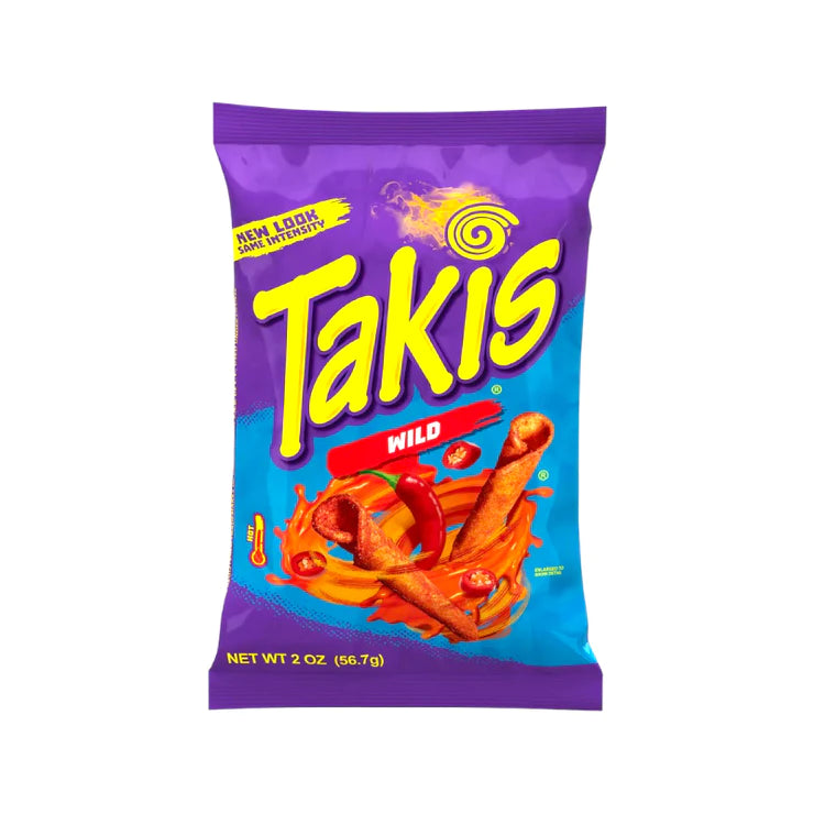 Front of Takis Wild Spicy Buffalo Rolled Tortilla Corn Chips bag featuring the Takis logo, spicy buffalo flavour graphics, and 56.7g pack size.