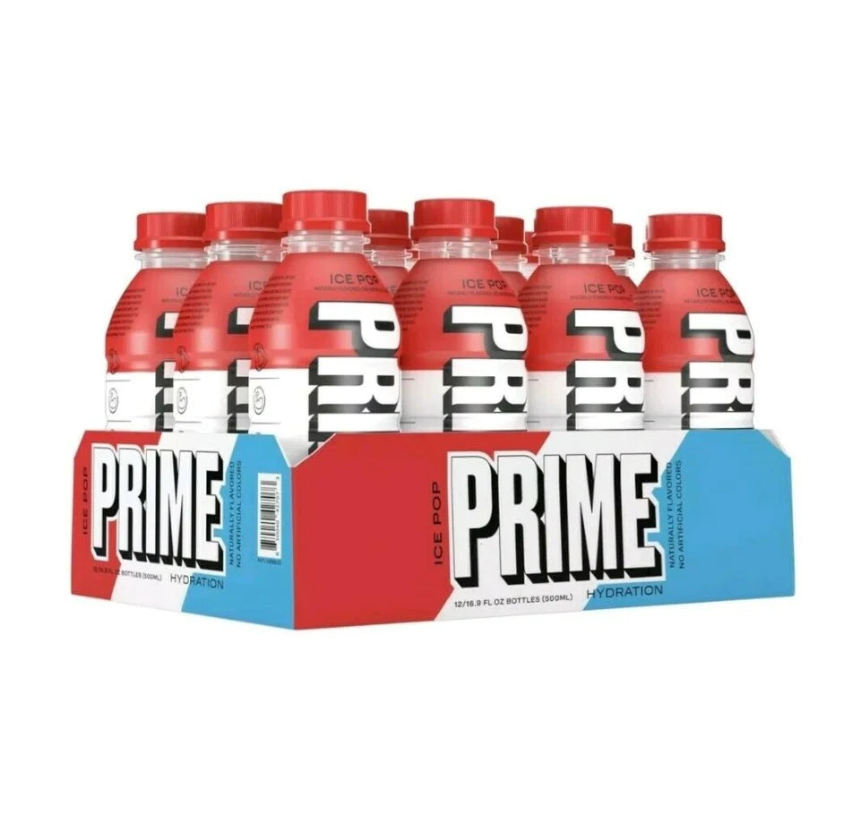 Front of Prime Hydration Ice Pop 12 Pack showing bold logo, ice pop flavour label, and 12 x 500ml bottles in a pack