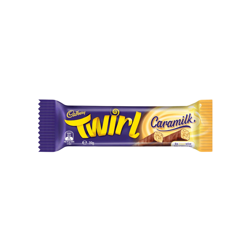 Front of Cadbury Twirl Caramilk wrapper showing the Cadbury logo, Twirl branding, and caramel flavour indication (39g pack)