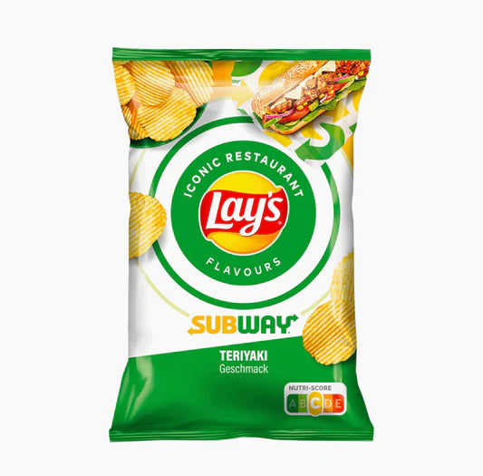 Front of Lay's Subway Teriyaki 150g bag showing the Lay's logo, Subway branding, and images of potato crisps and a teriyaki sandwich.