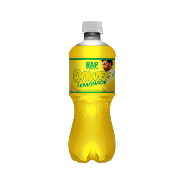 Front of Rap Snacks Lemonade bottle featuring vibrant label with logo and bold lemon drink colour (591ml)
