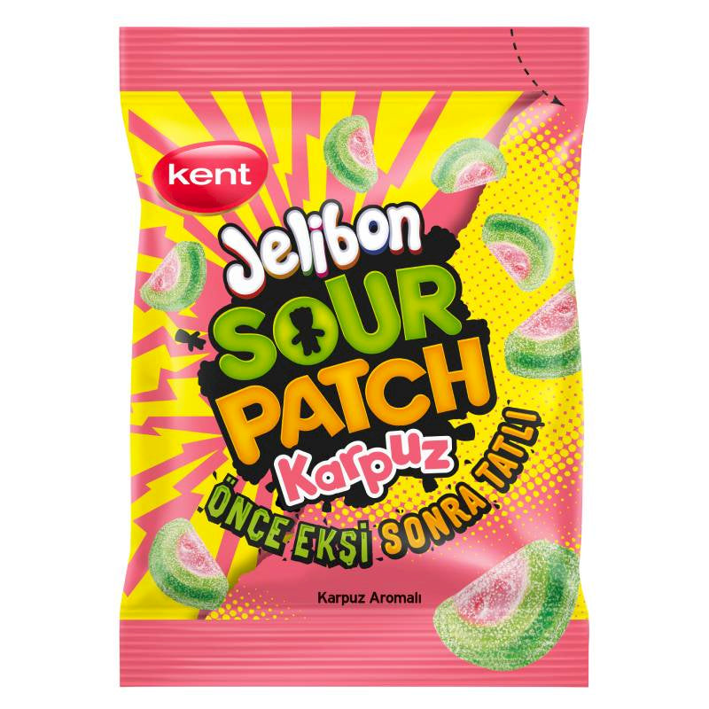 Front of Jelibon Sour Patch Kids Watermelon bag featuring vibrant pink and yellow design, watermelon shapes, and a 40g label.
