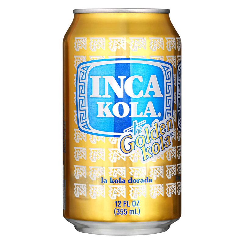 A can of Inca Kola 'The Golden Kola' with a bright yellow label and blue text, indicating the flavor and volume of 355ml.
