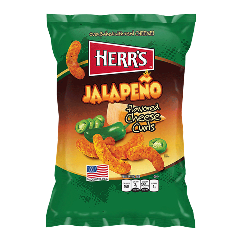 Front of Herr's Cheese Curls Jalapeno Flavour Puffs bag showing bold logo, jalapeno flavour label, and puffs (28.4g pack)