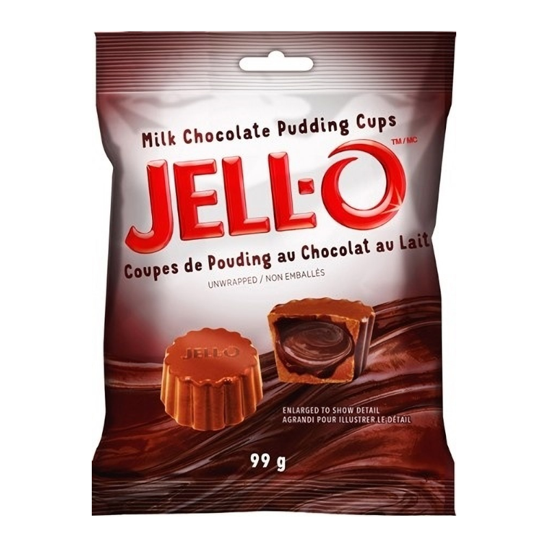 Front of Jell-O Milk Chocolate Pudding Cups packaging showing logo, product name, and chocolate pudding cups (99g pack)