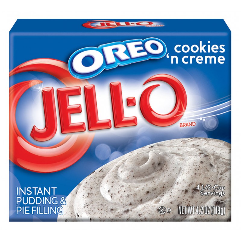 Front of Jell-O Oreo Cookies and Creme Pudding Instant Mix box featuring blue background, Oreo logo, pudding image, and 119g pack size.