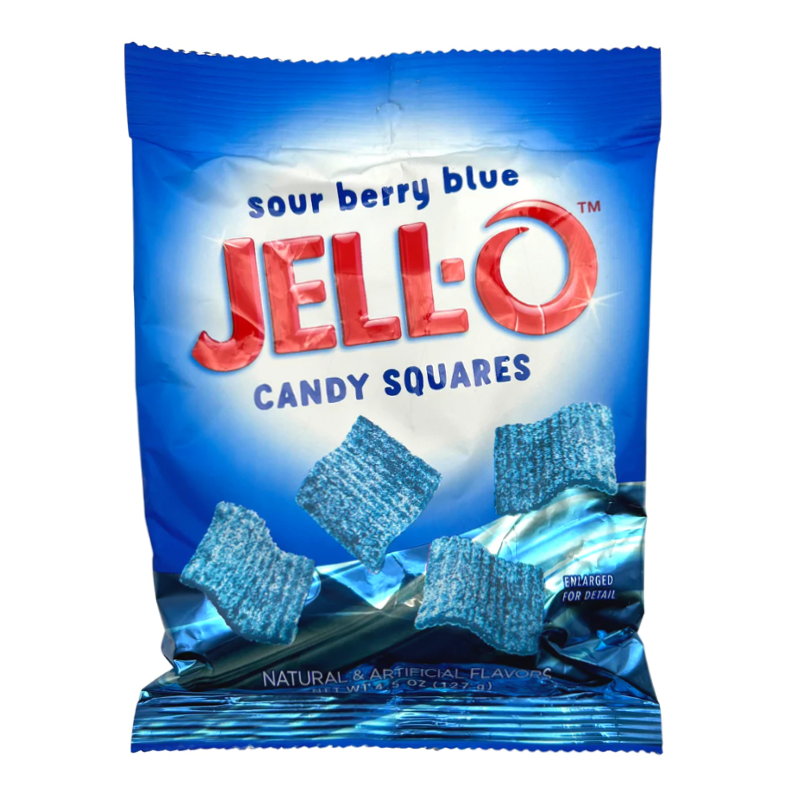 Front of Jell-O Sour Berry Blue Candy Squares bag showing bright blue packaging, the Jell-O logo, and chewy candy squares (127g pack)