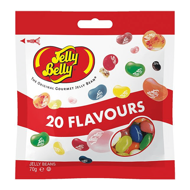 Front of Jelly Belly 20 Flavours Assorted Mix Jelly Beans bag displaying the Jelly Belly logo and various jelly bean colours in a 70g pack.