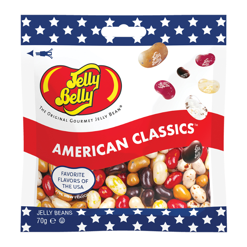 Front of Jelly Belly American Classics Jelly Beans packet showing logo, vibrant candy mix, and 70g size label