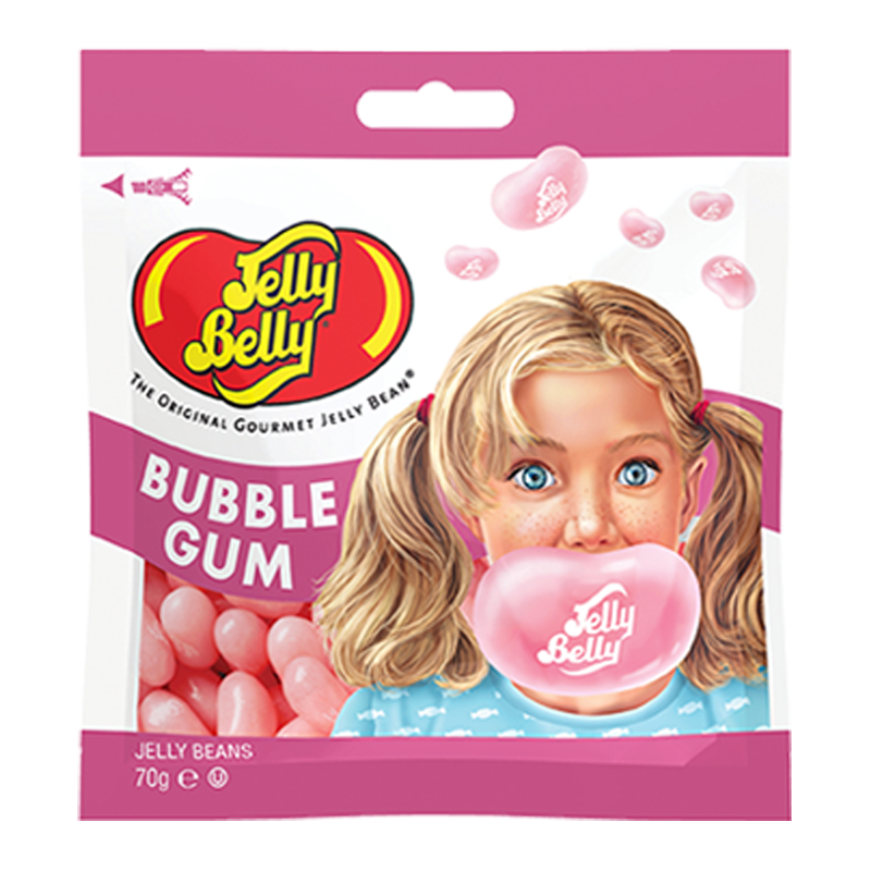Front of Jelly Belly Bubble Gum Jelly Beans bag featuring logo and image of jelly beans, highlighting the bubble gum flavour (70g pack)