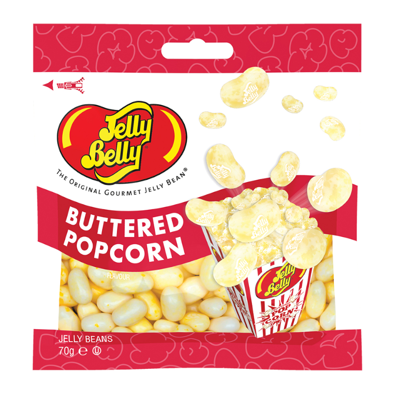 Front of Jelly Belly Buttered Popcorn Jelly Beans bag showing the Jelly Belly logo, buttered popcorn flavour, and a pack size of 70g.