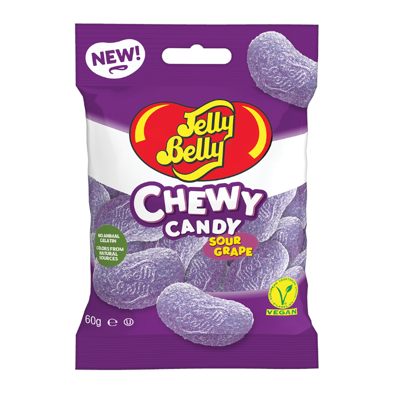 Front of Jelly Belly Chewy Candy Grape Sours pack showing Jelly Belly logo, chewy candy pieces, and purple background (60g pack)