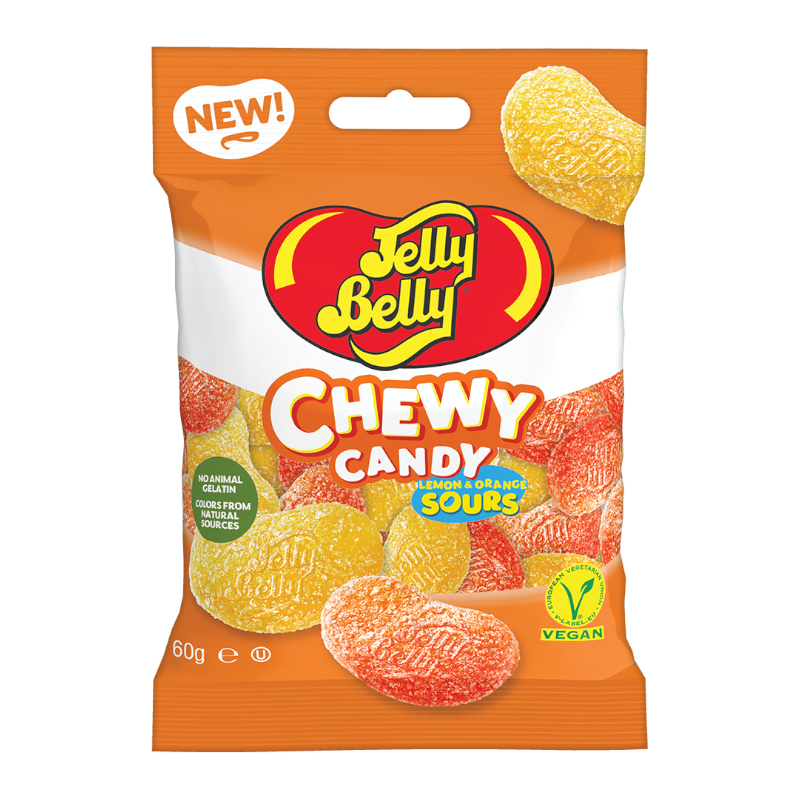 Front of Jelly Belly Chewy Candy Lemon & Orange Sours bag featuring vibrant yellow and orange candies, Jelly Belly logo, and 60g pack size.
