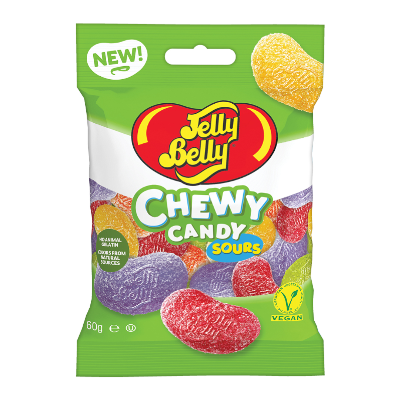 Front of Jelly Belly Chewy Candy Sours bag showing the vibrant logo, colourful chewy sweets, and 60g pack size