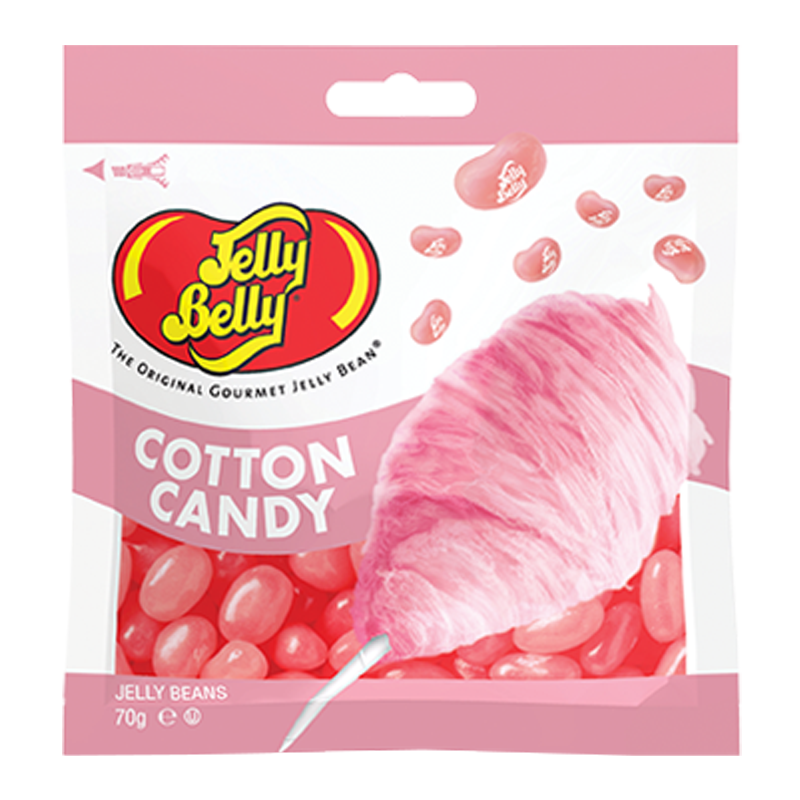 Front of Jelly Belly Cotton Candy Jelly Beans pack showing the logo, cotton candy illustration, and jelly beans (70g).