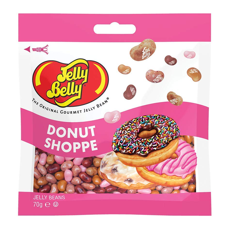 Front of Jelly Belly Donut Shoppe Jelly Beans bag showing pink packaging, colourful jelly beans, and donut imagery (70g pack)