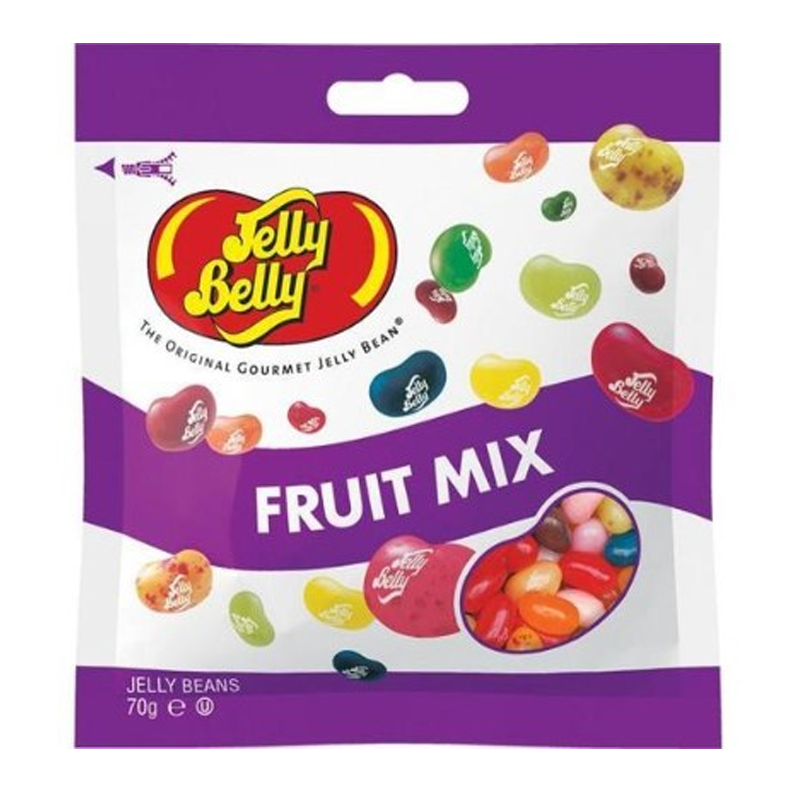 Front of Jelly Belly Fruit Mix Jelly Beans bag with colourful jelly beans, brand logo, and 70g pack size