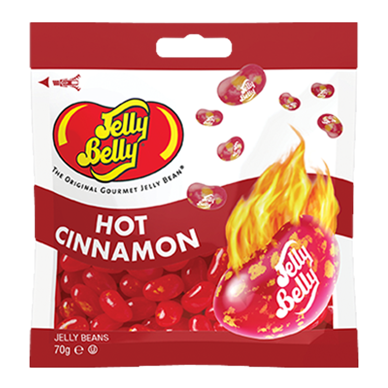 Front of Jelly Belly Hot Cinnamon Jelly Beans bag featuring bright red beans, logo, and 'Hot Cinnamon' label (70g pack)