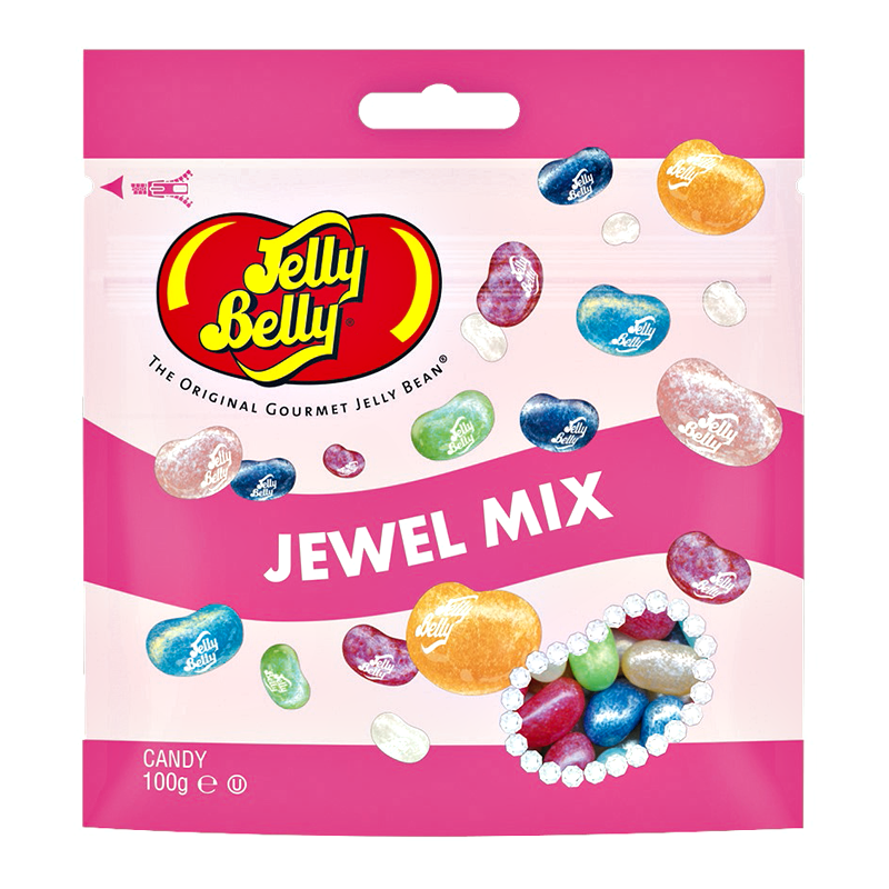 Front of Jelly Belly Jewel Mix Jelly Beans packaging showing the logo, assorted jelly beans, and bright pink background (70g pack)