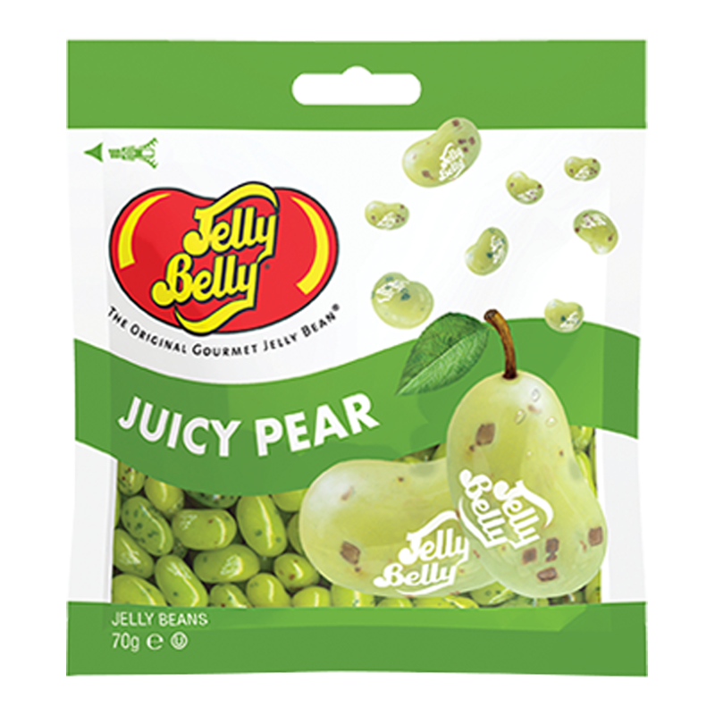 Front of Jelly Belly Juicy Pear Jelly Beans bag showing the logo, juicy pear flavour, and 70g pack size with jelly beans visible.