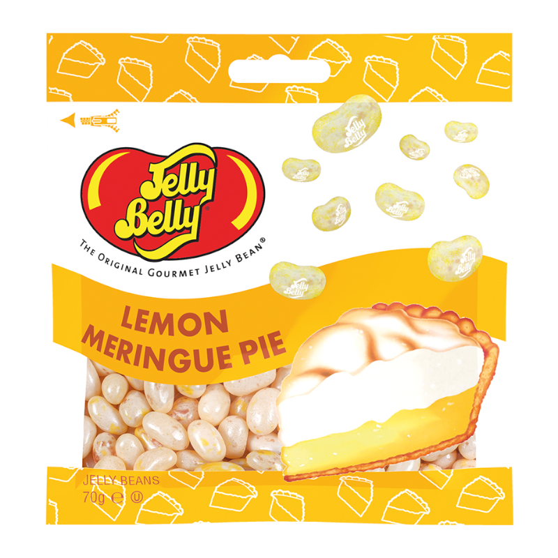 Front of Jelly Belly Lemon Meringue Jelly Beans bag showing brand logo, lemon meringue pie flavour, and jelly beans (70g pack)