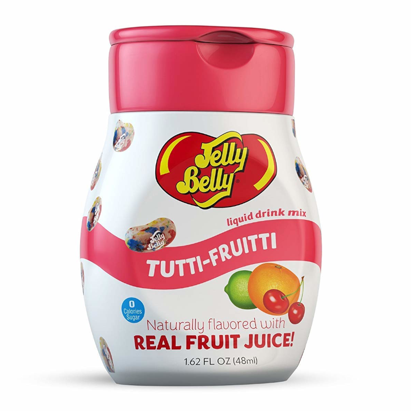 Front of Jelly Belly Liquid Water Enhancer Tutti-Fruitti bottle showing the logo, fruit illustrations, and details (48ml pack)