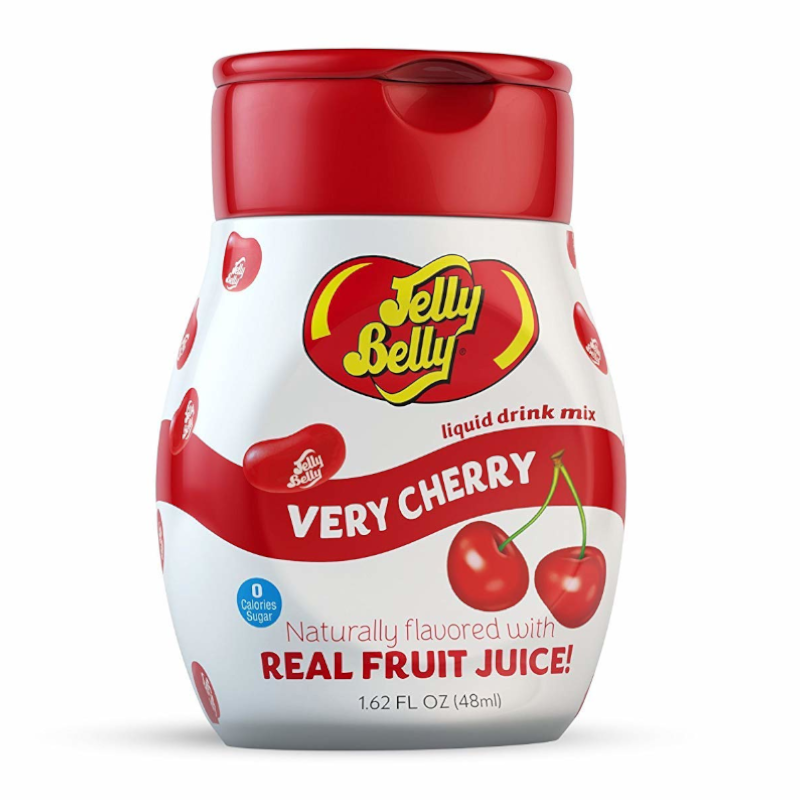 Front of Jelly Belly Liquid Water Enhancer Very Cherry (48ml) showing logo, very cherry flavour, and pack size on a vibrant bottle.