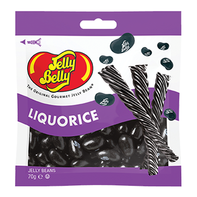 Front of Jelly Belly Liquorice Jelly Beans pack showing the logo, liquorice flavour label, and jelly beans (70g pack)