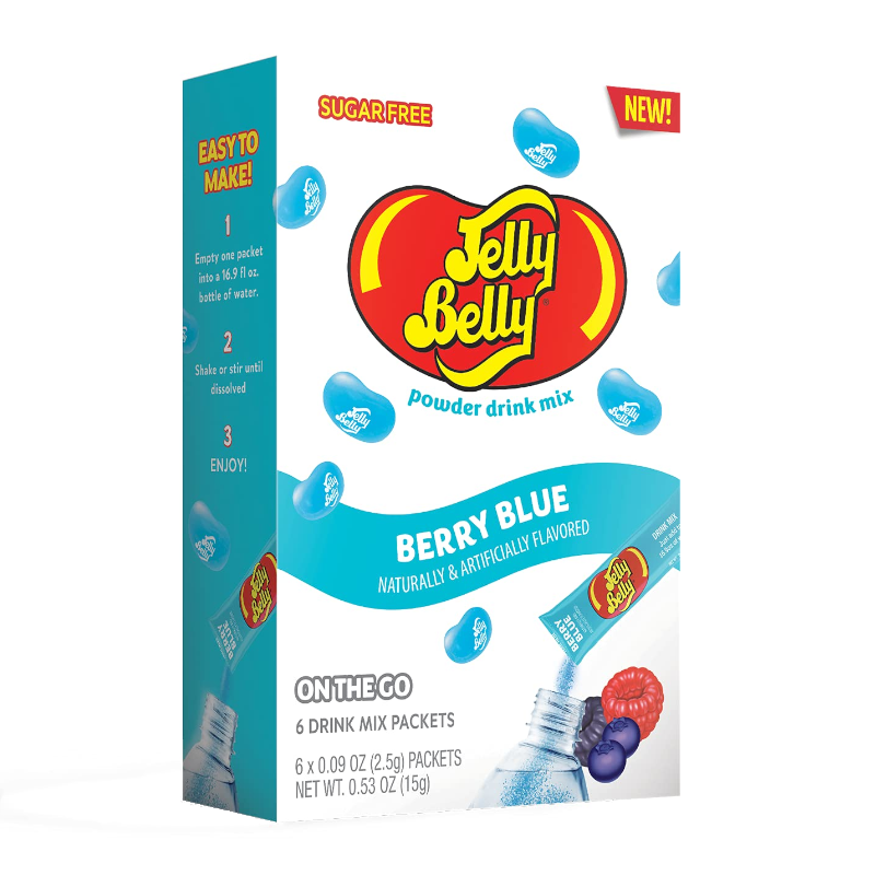 Front of Jelly Belly Berry Blue Singles To Go box showing brand logo, product name, and packaging details (15g)