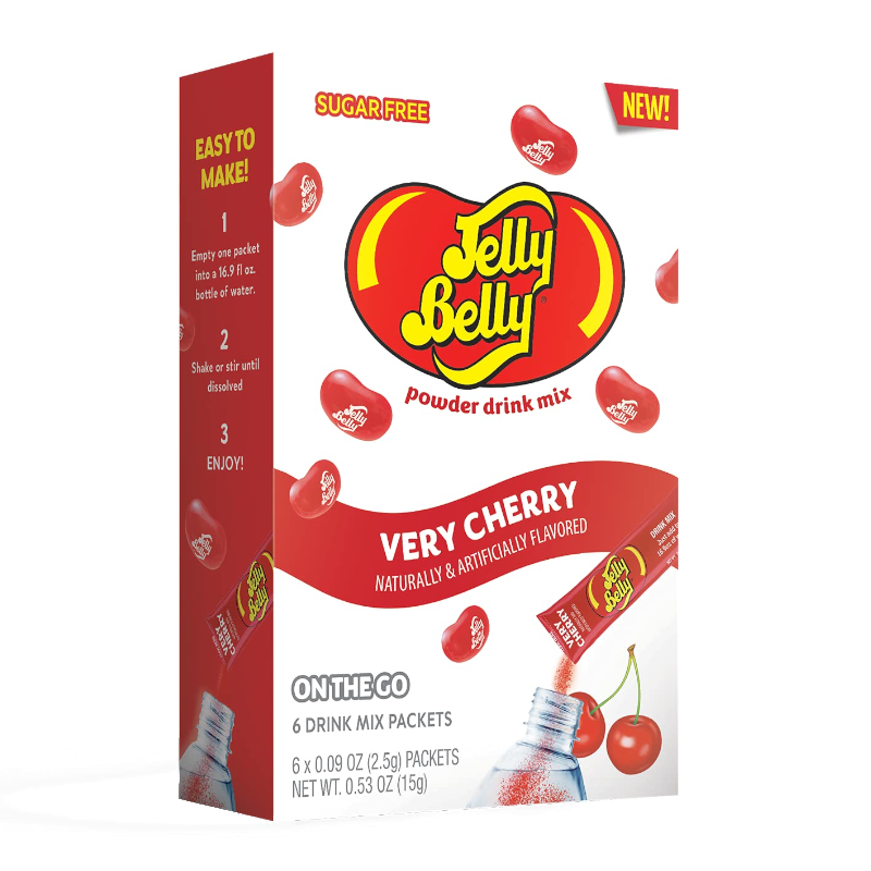 Front of Jelly Belly Very Cherry Singles To Go box featuring logo, very cherry flavour label, and six drink mix packets (15g total)