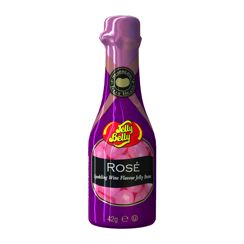 Front of Jelly Belly Rosé Jelly Beans bottle showing logo, sparkling wine flavour label, and jelly beans inside (42g)