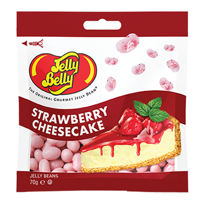 Front of Jelly Belly Strawberry Cheesecake Jelly Beans pack showing logo and illustration of strawberry cheesecake alongside pink jelly beans (70g pack)